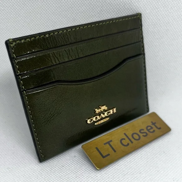 NWT Coach Slim Id Card Case Powder CBL81 Shiny crinkle leather Gold/Olive - Picture 2 of 6